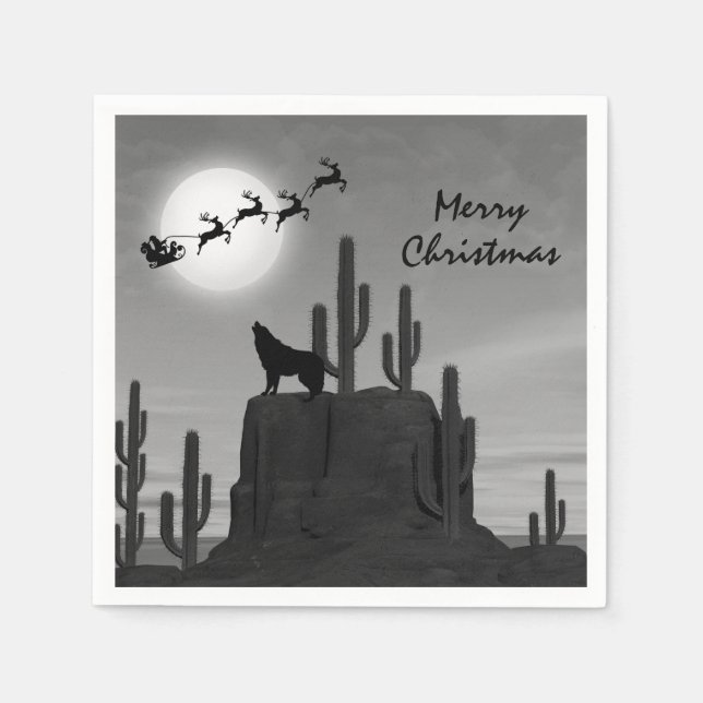 Santa Full Moon Wolf Desert Southwestern Christmas Napkin (Front)