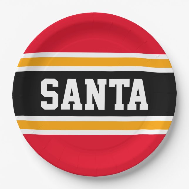 SANTA Fun Bright Red Black Yellow Festive Stripes Paper Plate (Front)