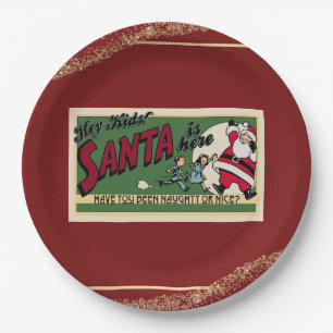 Santa Funny Retro Glitter Red Naughty or Nice Paper Plate