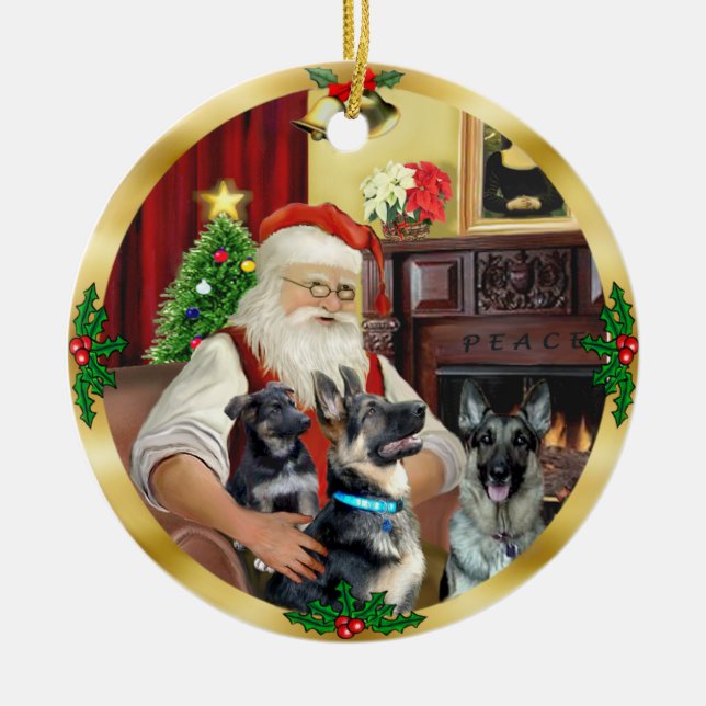 Santa / German Shepherd and Pup Ceramic Tree Decoration (Front)