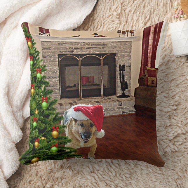 Santa German Shepherd Dog by Christmas Tree Cushion (Blanket)