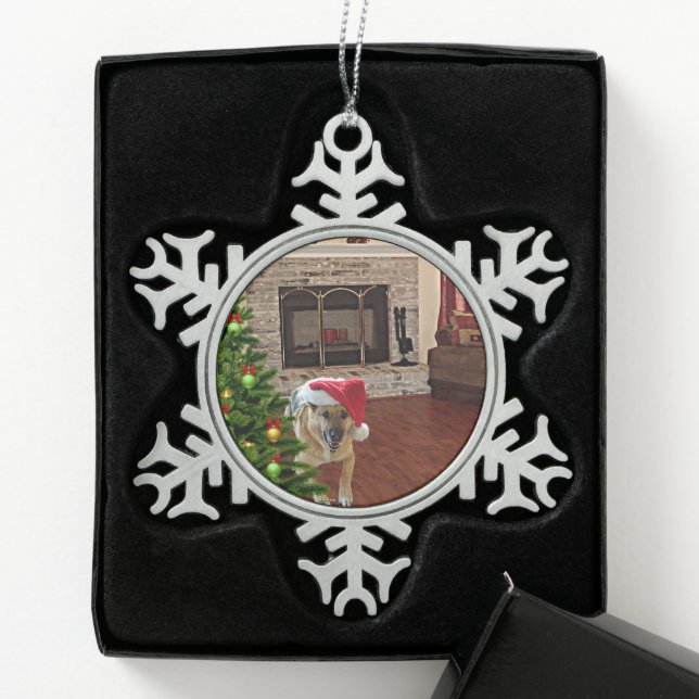 Santa German Shepherd Dog by Christmas Tree, ZKA Snowflake Pewter Christmas Ornament (Box)