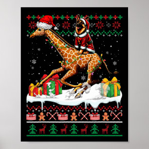 Santa German Shepherd Riding Giraffe Christmas Swe Poster