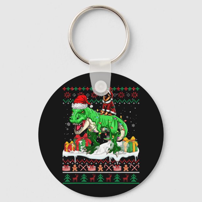 Santa German Shepherd Riding T-rex Christmas Sweat Key Ring (Front)