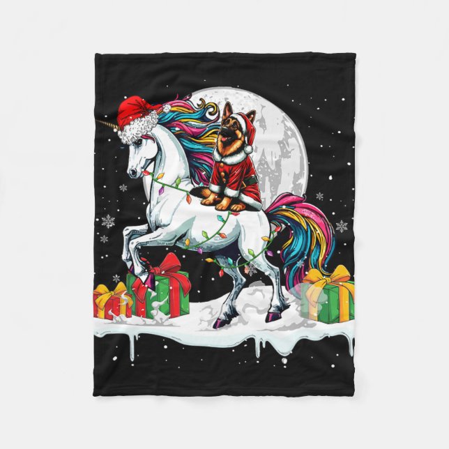 Santa German Shepherd Riding Unicorn Christmas Own Fleece Blanket (Front)