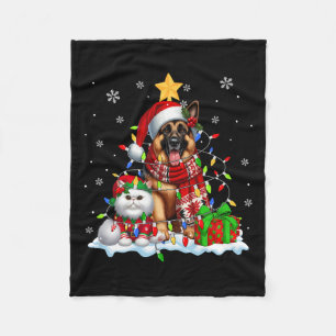 Santa German Shepherd With Elf Cat Christmas Light Fleece Blanket