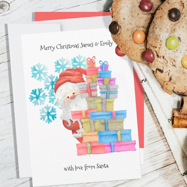 Santa Gifts and Snowflakes Cute Personalised Kids Holiday Card (Creator Uploaded)