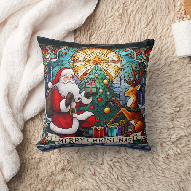 Santa gifts joy to a reindeer by a Christmas tree Cushion (Blanket)