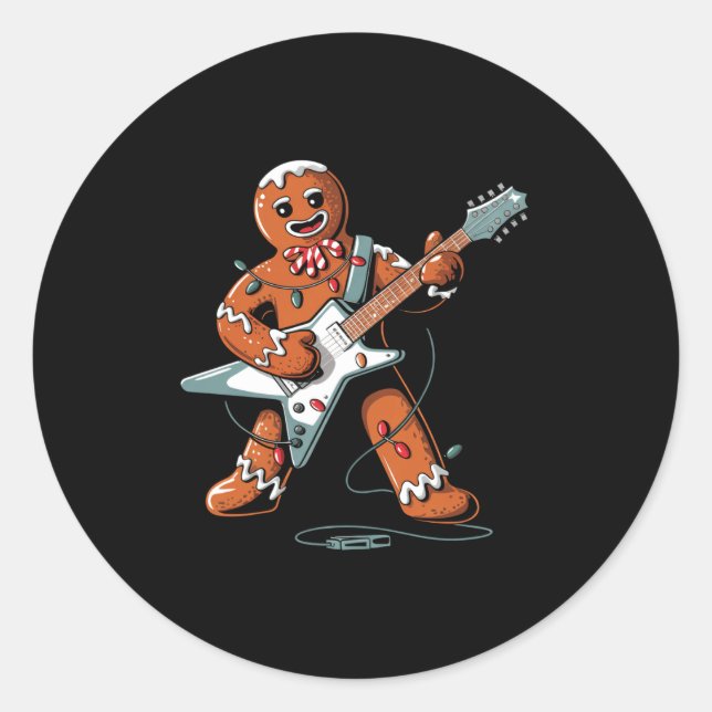 Santa Gingerbread Playing Guitar Funny Christmas P Classic Round Sticker (Front)