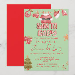 Santa Girl Boy Holiday Green Baby Shower   Invitation