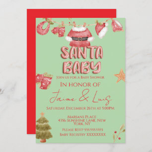 Santa Girl Boy Holiday Green Baby Shower   Invitation