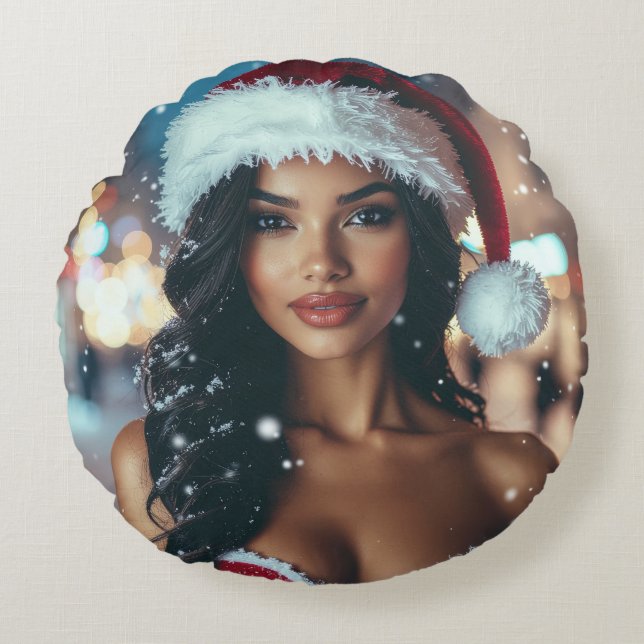 Santa Girl - Ho Ho Ho - Christmas Round Cushion (Front)