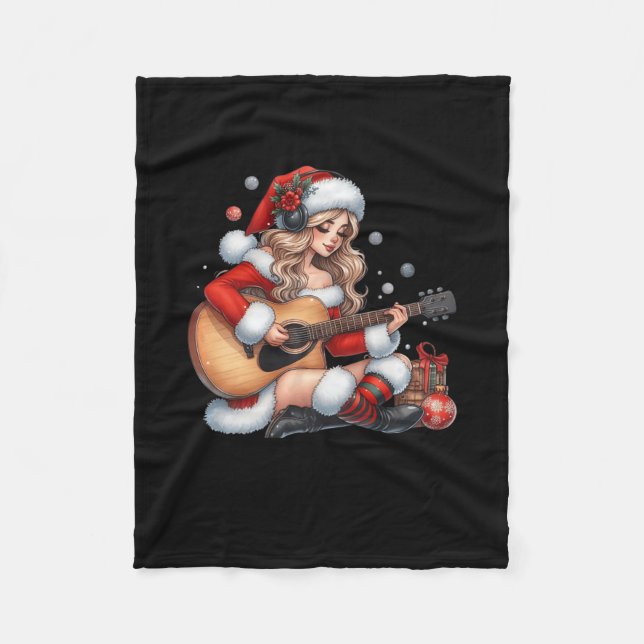 Santa Girl Playing Guitar Fun Christmas Music Love Fleece Blanket (Front)