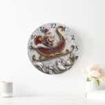 Santa gliding in a festive sleigh large clock<br><div class="desc">A charming depiction of Santa Claus joyfully riding in a beautifully crafted sleigh,  surrounded by elegant swirls and decorative elements.</div>