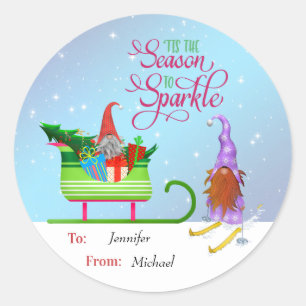Santa Gnome And Skiing Gnome - Season to Sparkle Classic Round Sticker