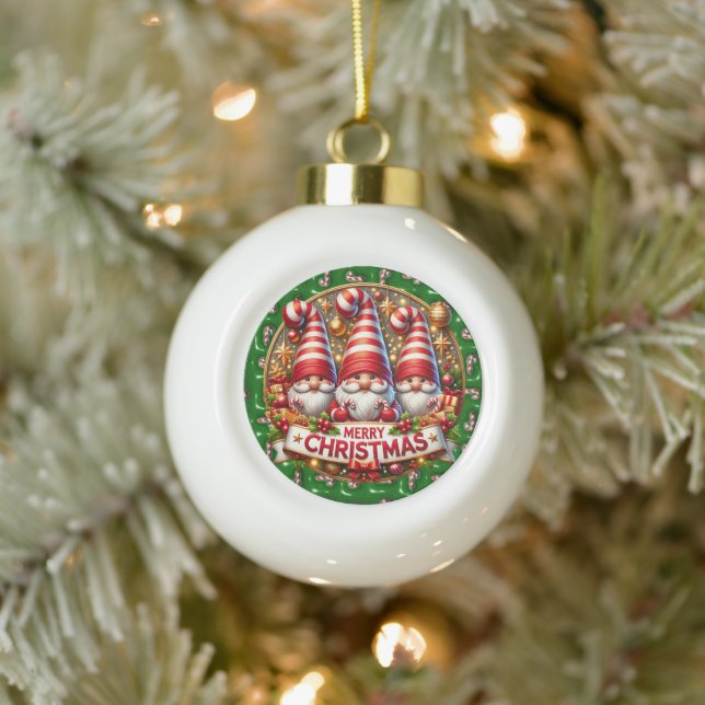 Santa & Gnome Cheer" - Festive Christmas  Ceramic Ball Christmas Ornament (Tree)