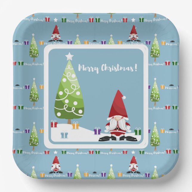 Santa Gnome For Christmas Paper Plate (Front)