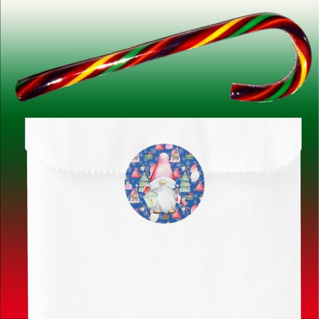 Santa Gnome for Holidays Christmas Pattern Blue Classic Round Sticker (Santa Gnome for Holidays Christmas Pattern Blue Classic Round Sticker)