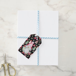 Santa Gnome for Holidays Pattern Black Christmas Gift Tags