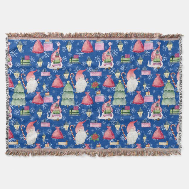 Santa Gnome for Holidays Pattern Blue Background Throw Blanket (Front)