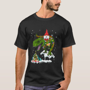 Santa Gnome Riding T Rex Reindeer Xmas Light Lover T-Shirt