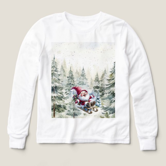 Santa Gnome Sledding Through The Woods LS T-Shirt (Design Front)