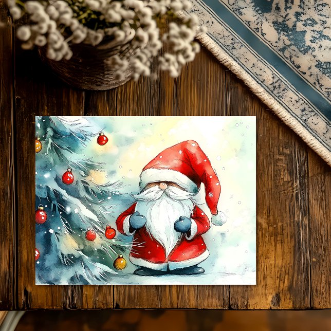 Santa Gnome Trimming the Christmas Tree Holiday Postcard (Creator Uploaded)