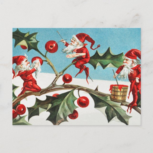 Santa gnomes painting holly berries postcard (Front)