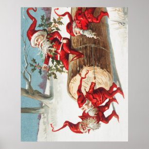 Santa gnomes sliding on a log poster