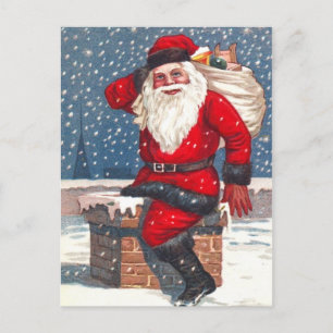 Santa Going Down The Chimney Holiday Postcard