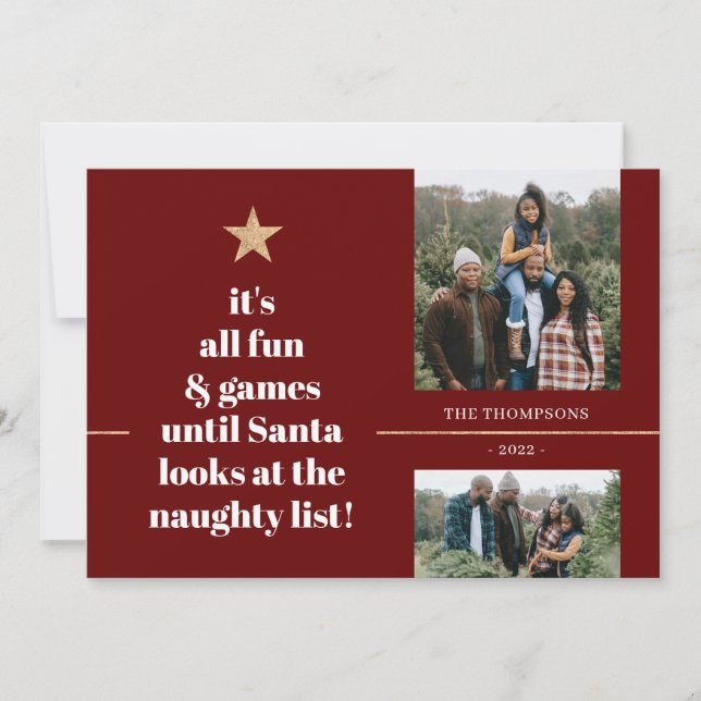 Santa Gold Star Tree Funny Quote Red Family Photo Holiday Card (Front)