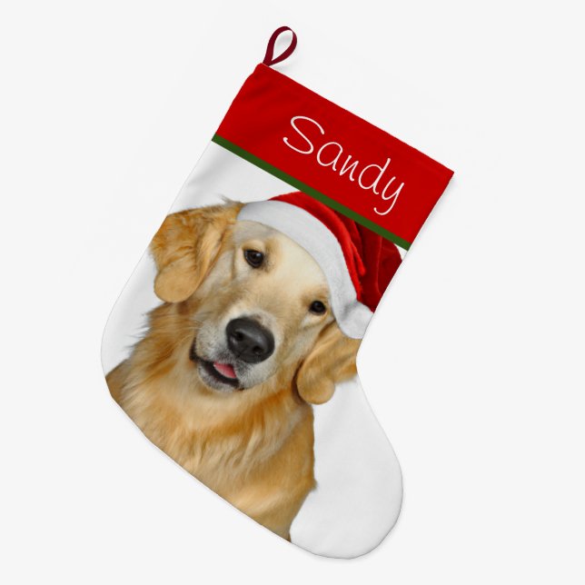 Santa Golden Retriever Large Christmas Stocking (Front (Hanging))