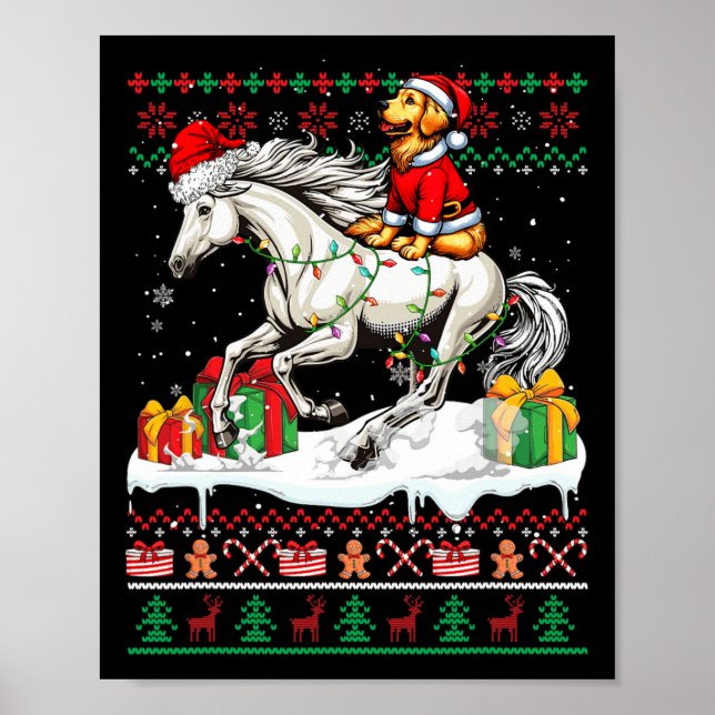 Santa Golden Retriever Riding Horse Christmas Swea Poster (Front)