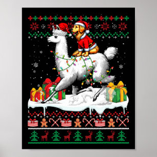 Santa Golden Retriever Riding Llama Christmas Swea Poster