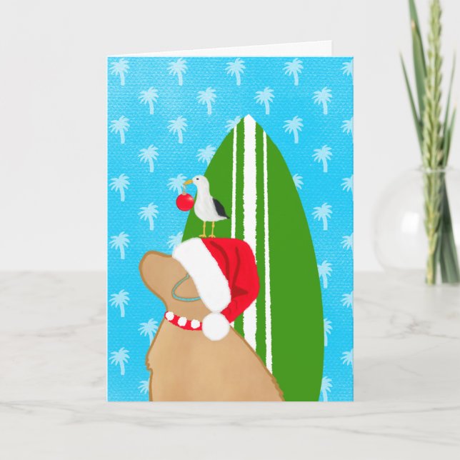 Santa Golden Surfboard Dog Seagull Christmas Card (Front)