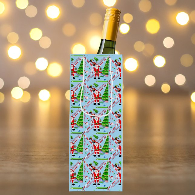 Santa Golfing by Christmas Tree  Wine Gift Bag (Golf-Themed Wine Surprise! Wrap bottles, spread festive cheer with Santa's flair.)