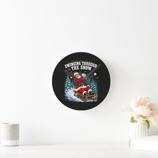 Santa Golfing Merry Christmas Golfer Round Clock (Home)