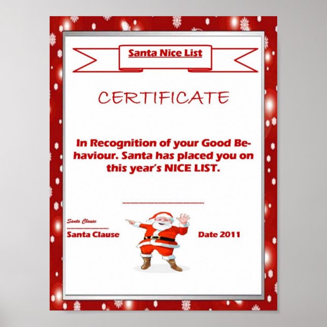 Santa Good List Certificate Template Poster (Front)