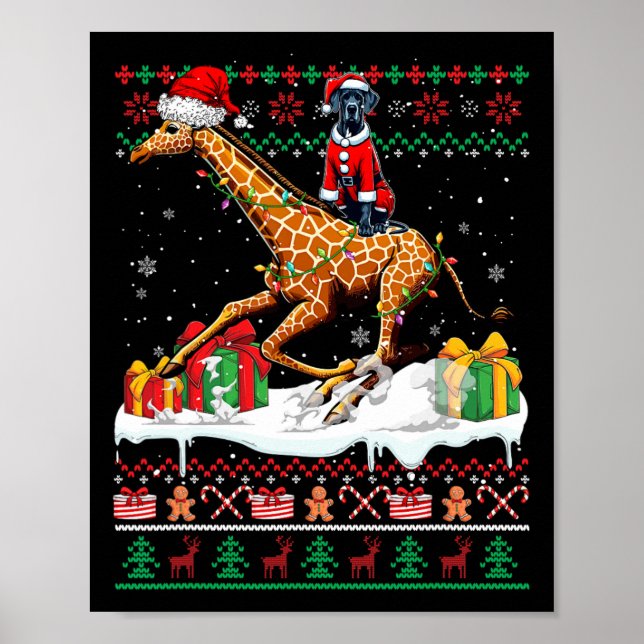 Santa Great Dane Riding Giraffe Christmas Sweater  Poster (Front)