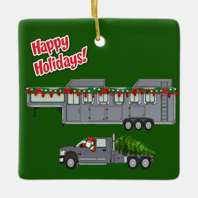 Santa Grey Truck and Horse Trailer Christmas  Ceramic Ornament (Front)