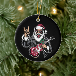 Santa Guitar Rock Leather Jacket Christmas Xmas Ceramic Tree Decoration