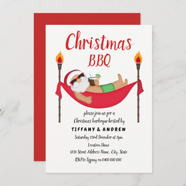Santa Hammock Summer Christmas Barbeque BBQ Invite (Front/Back)