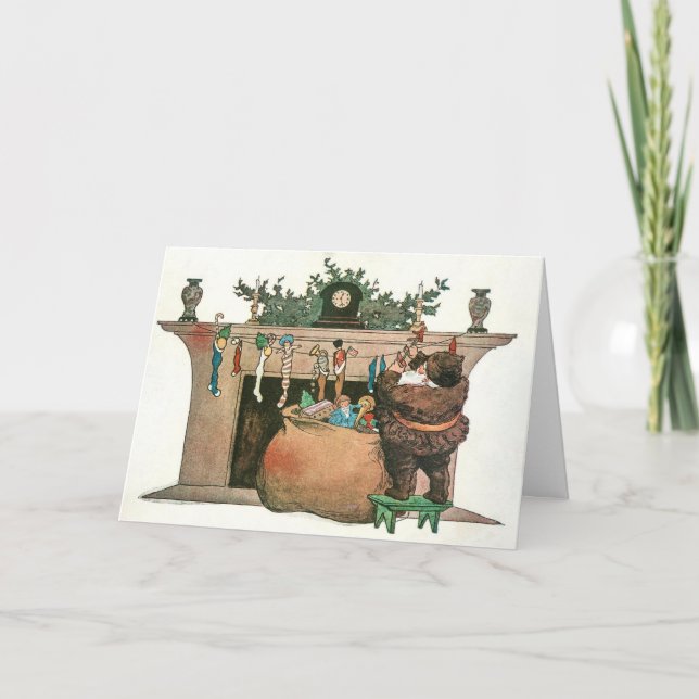 Santa Hangs Stockings Unique Vintage Holiday Card (Front)