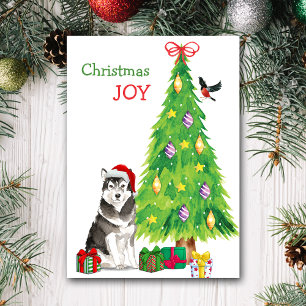 Santa Hat Alaskan Malamute Dog and Holiday Tree Card