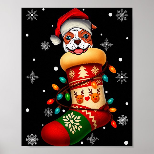 Santa Hat American Bulldog Dog In Christmas Socks  Poster (Front)