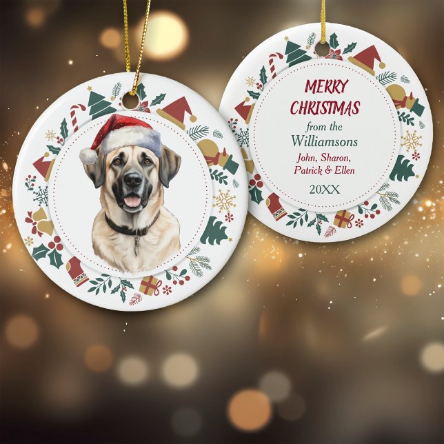 Santa Hat Anatolian Shepherd Dog Christmas Wreath Ceramic Tree Decoration (Creator Uploaded)