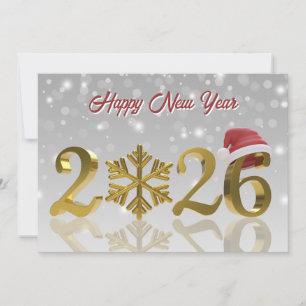Santa Hat and Snowflake   Gold Happy New Year 2026 Holiday Card