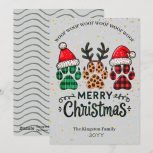 Santa Hat Antlers and Paw Prints Silver Christmas  Holiday Card