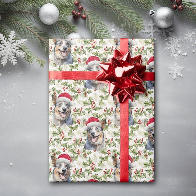 Santa Hat Australian Cattle Dog Christmas Holly Wrapping Paper (Creator Uploaded)