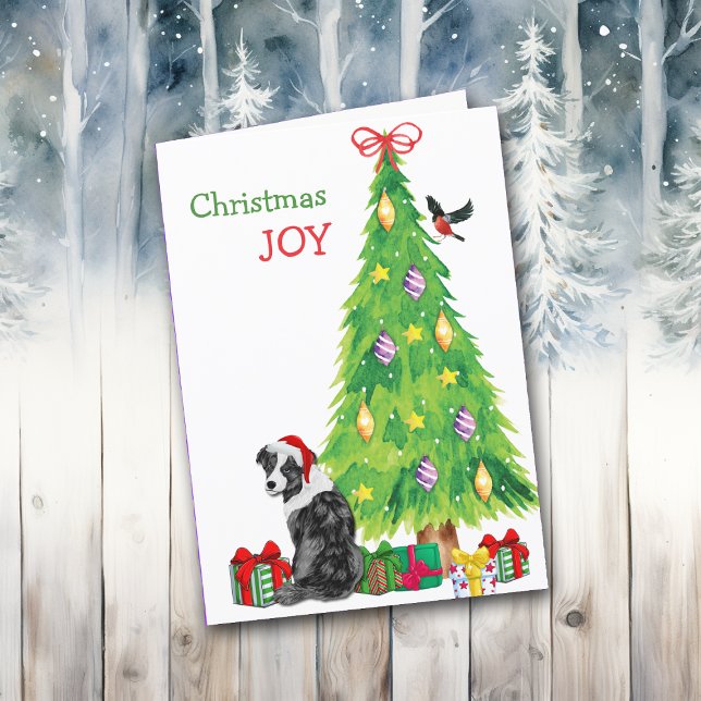 Santa Hat Australian Shepherd and Christmas Tree Holiday Card (Creator Uploaded)